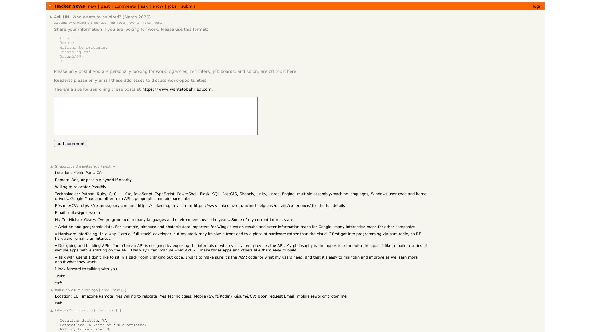 Screenshot of this Hacker News post: Ask HN: Who wants to be hired? (March 2025)
