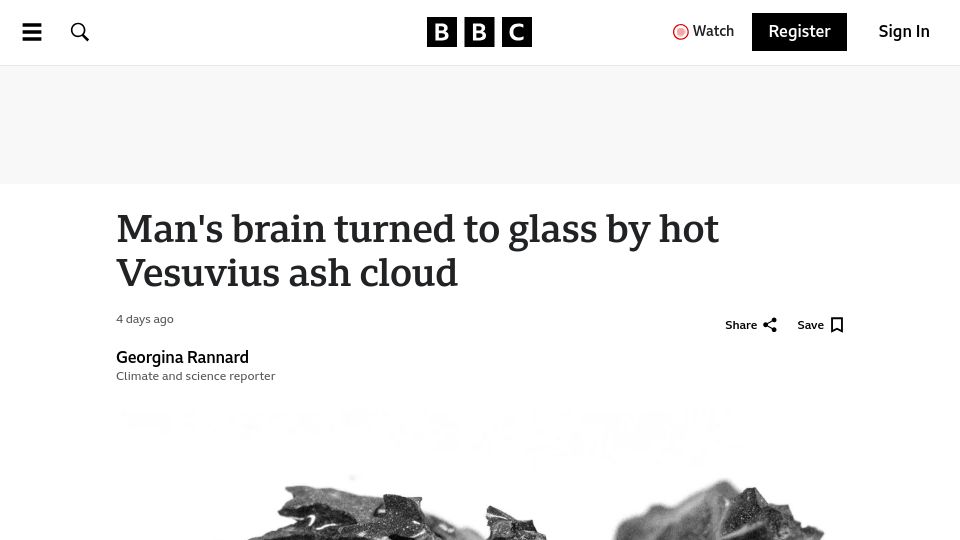 Screenshot of bbc.com: Man's brain turned to glass by hot Vesuvius ash cloud