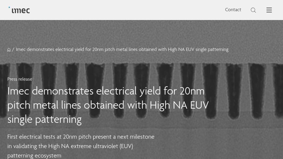 Screenshot of imec-int.com: Imec demonstrates electrical yield for 20nm lines High NA EUV single patterning