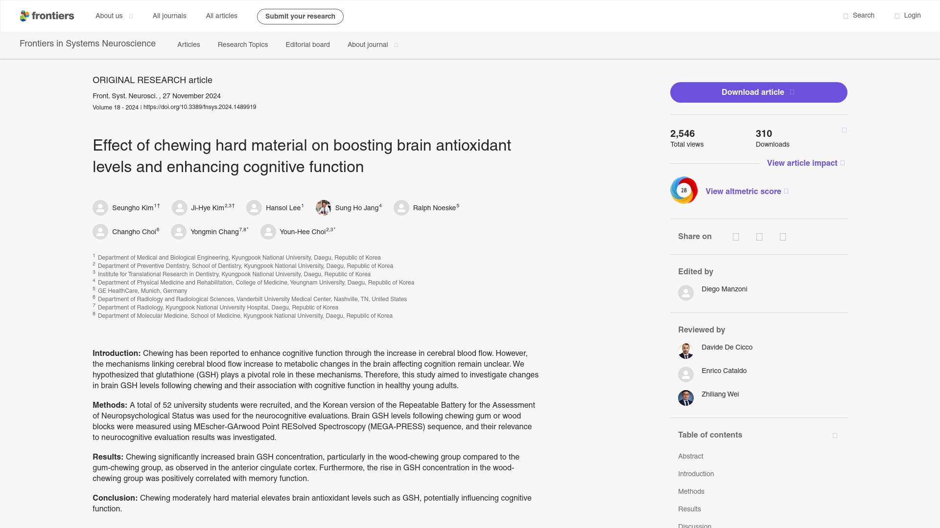 Screenshot of frontiersin.org: Effect of chewing hard material on enhancing cognitive function