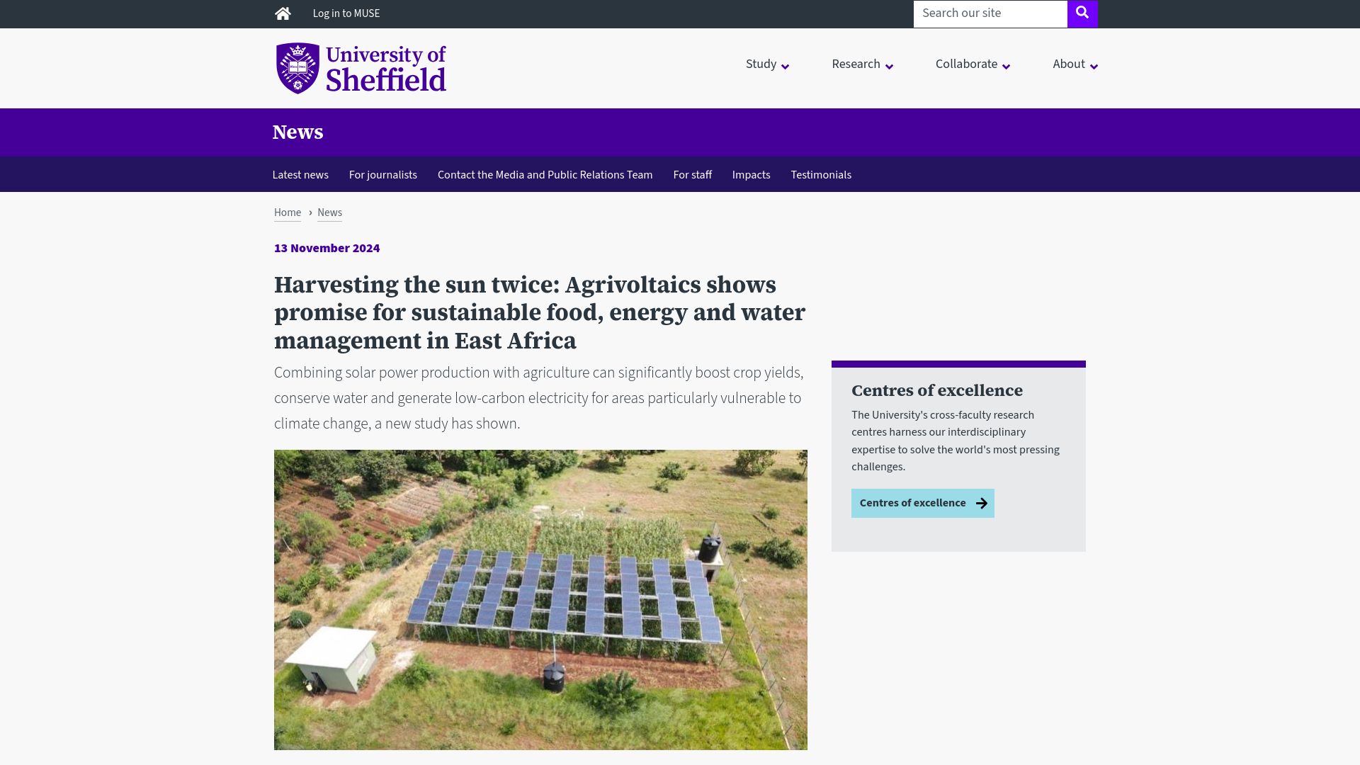 Screenshot of sheffield.ac.uk: Harvest the sun twice: Agrivoltaics promises sustainable food, energy and water