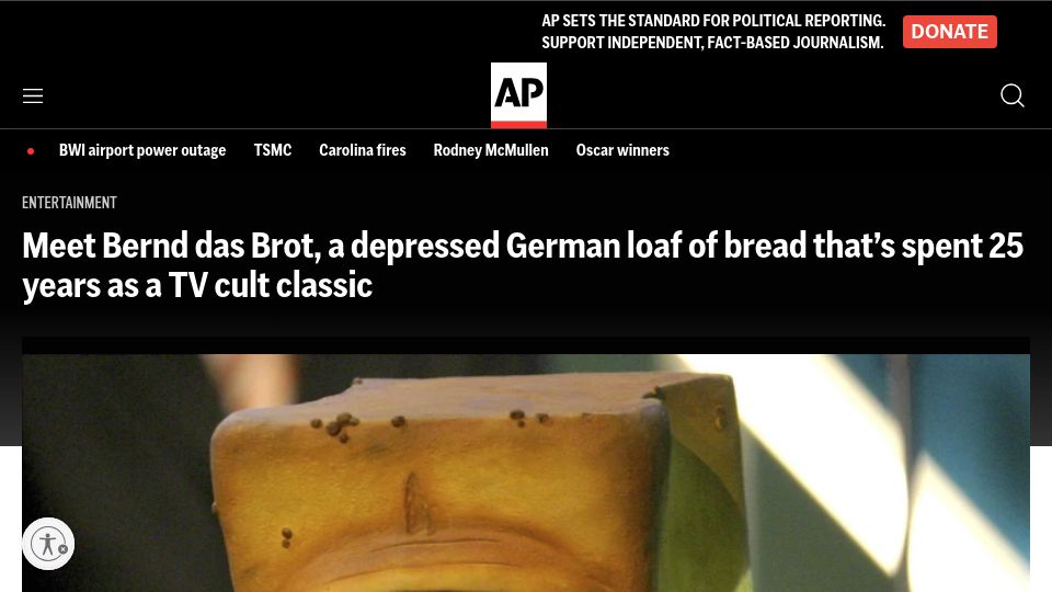 Screenshot of apnews.com: Bernd das Brot, a depressed German loaf of bread