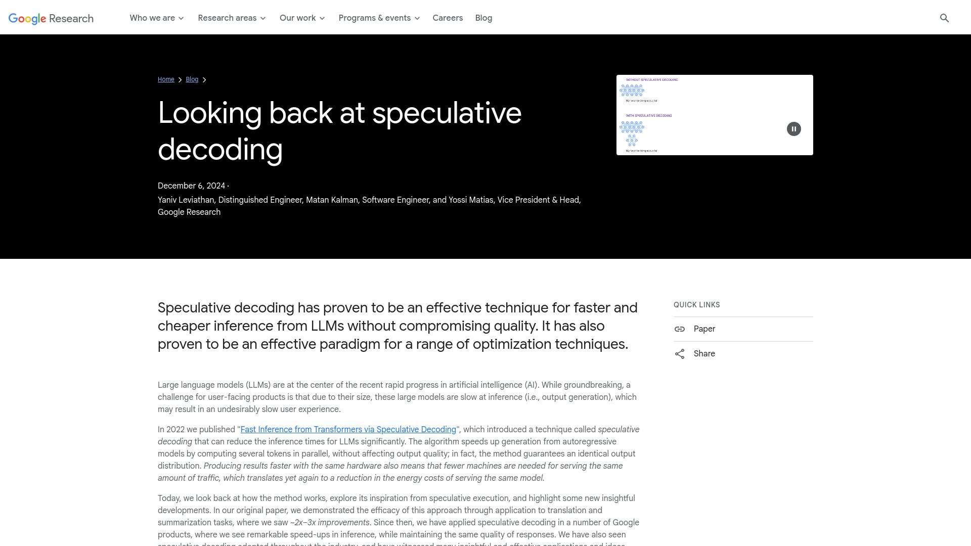 Screenshot of research.google: Looking Back at Speculative Decoding