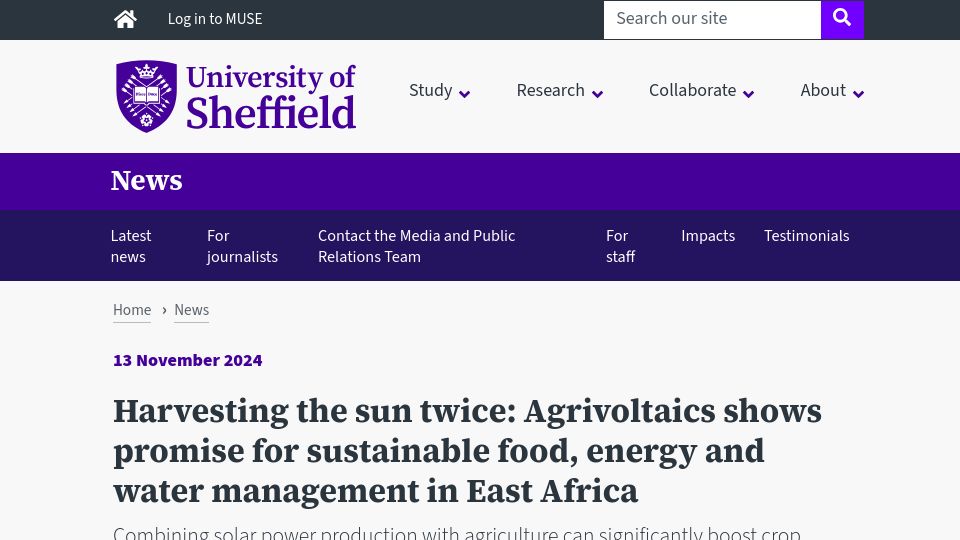 Screenshot of sheffield.ac.uk: Harvest the sun twice: Agrivoltaics promises sustainable food, energy and water