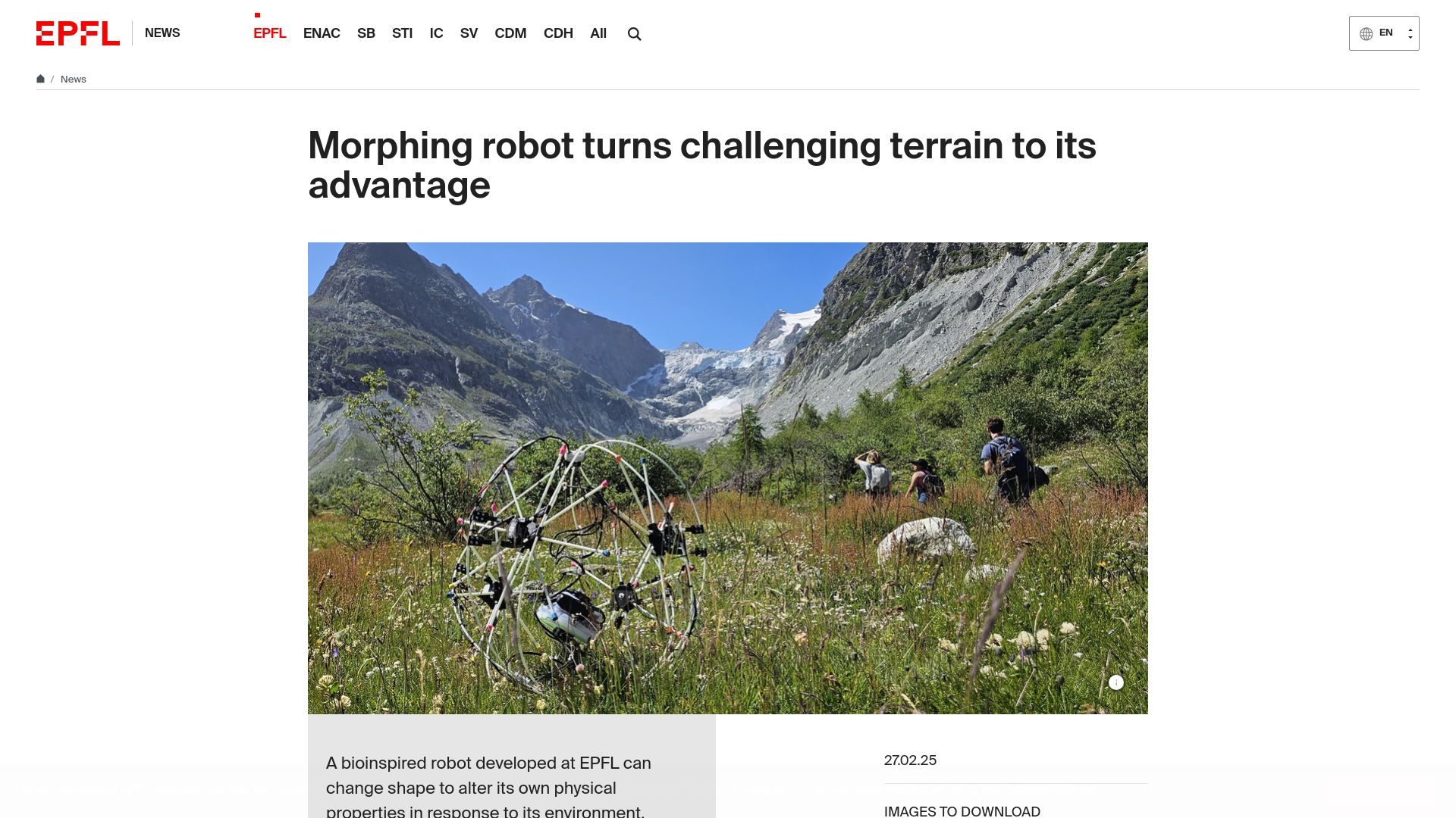 Screenshot of actu.epfl.ch: Morphing robot turns challenging terrain to its advantage