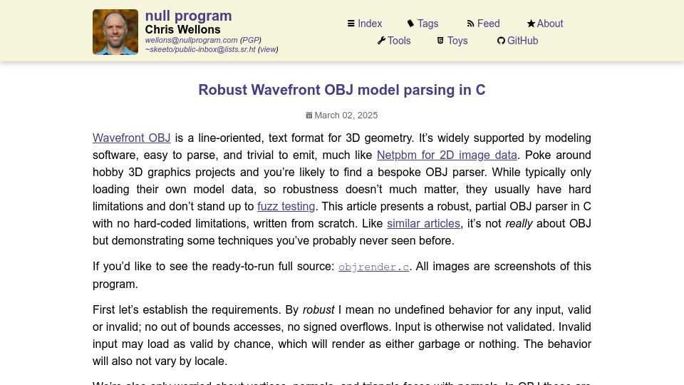 Screenshot of nullprogram.com: Robust Wavefront OBJ model parsing in C
