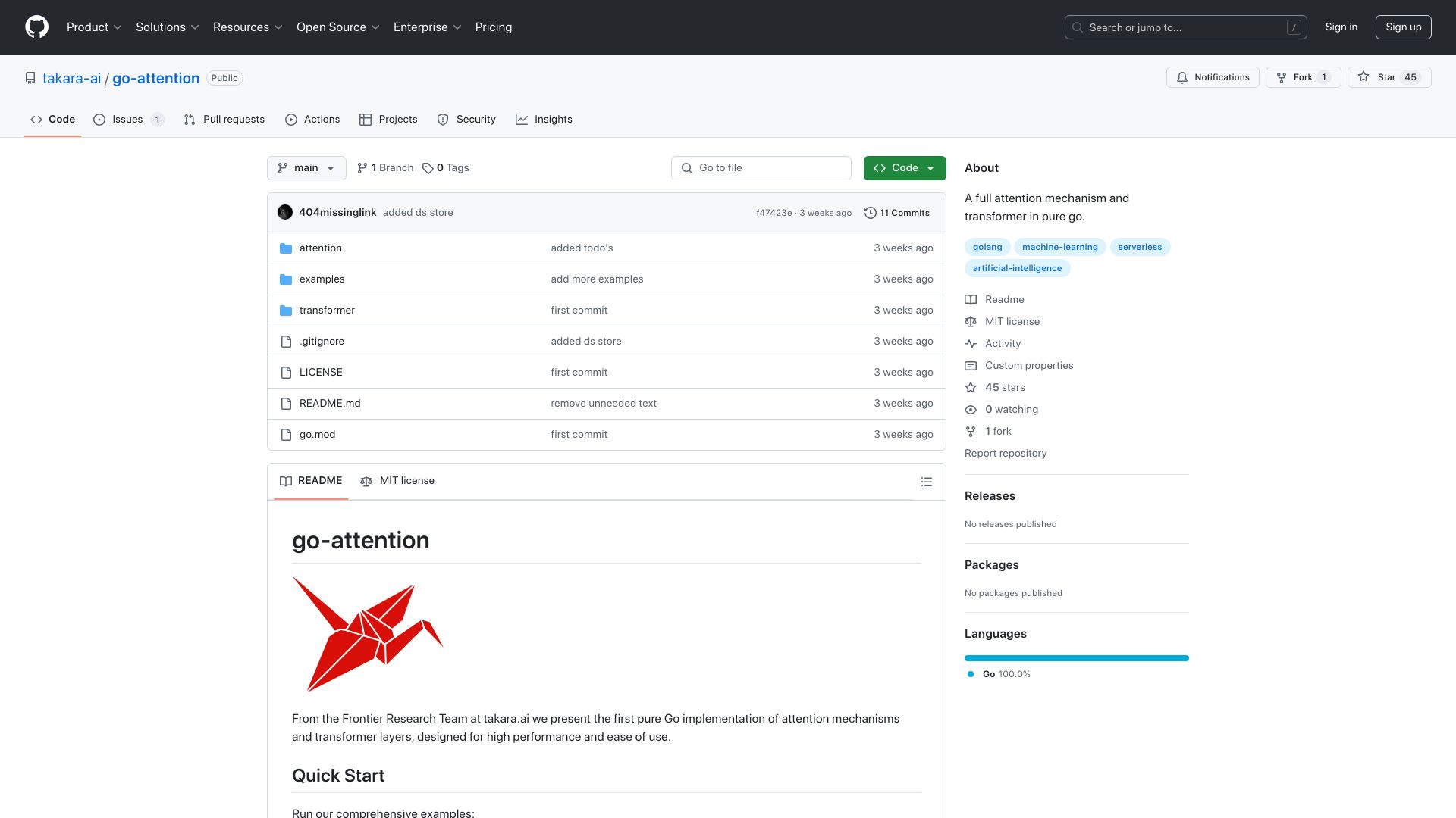 Screenshot of github.com: Go-attention: A full attention mechanism and transformer in pure Go