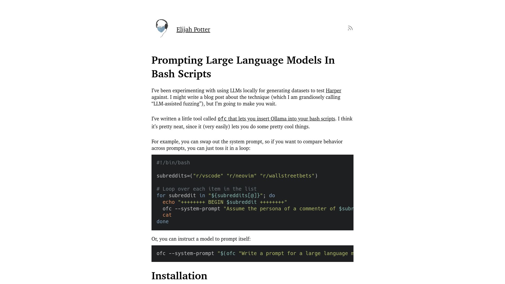 Screenshot of elijahpotter.dev: Show HN: Prompting LLMs in Bash scripts