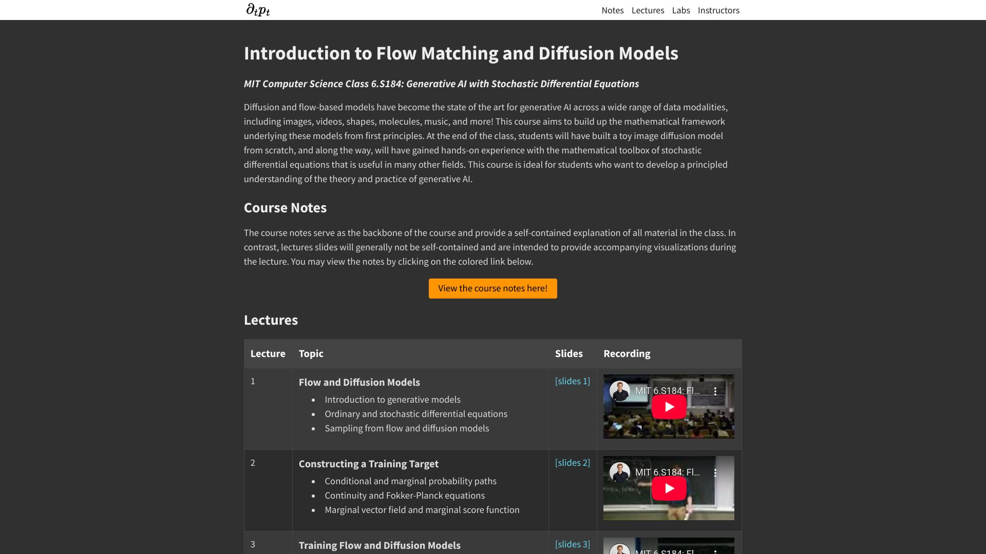 Screenshot of diffusion.csail.mit.edu: MIT 6.S184: Introduction to Flow Matching and Diffusion Models
