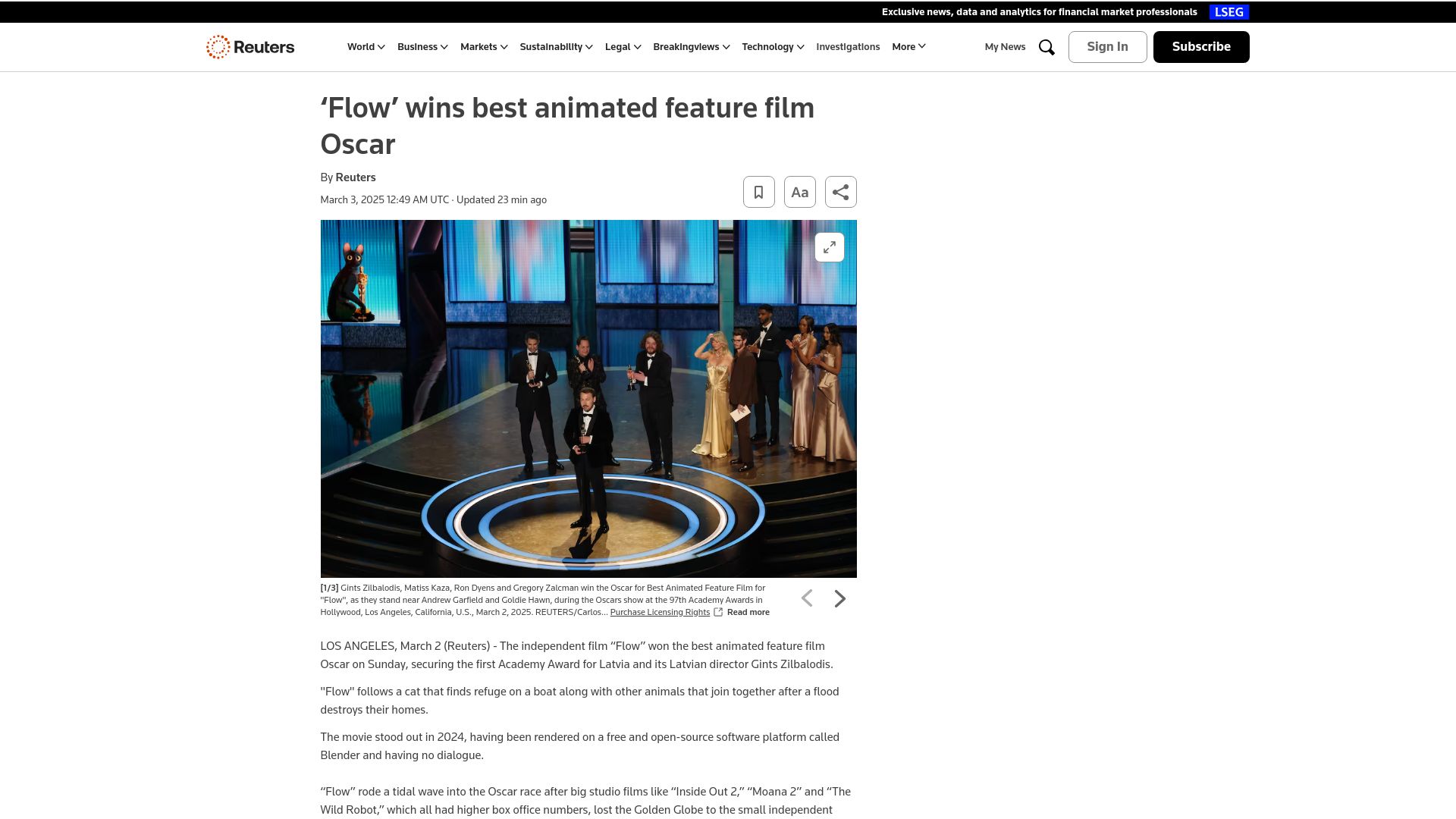 Screenshot of reuters.com: Blender-made movie Flow takes Oscar