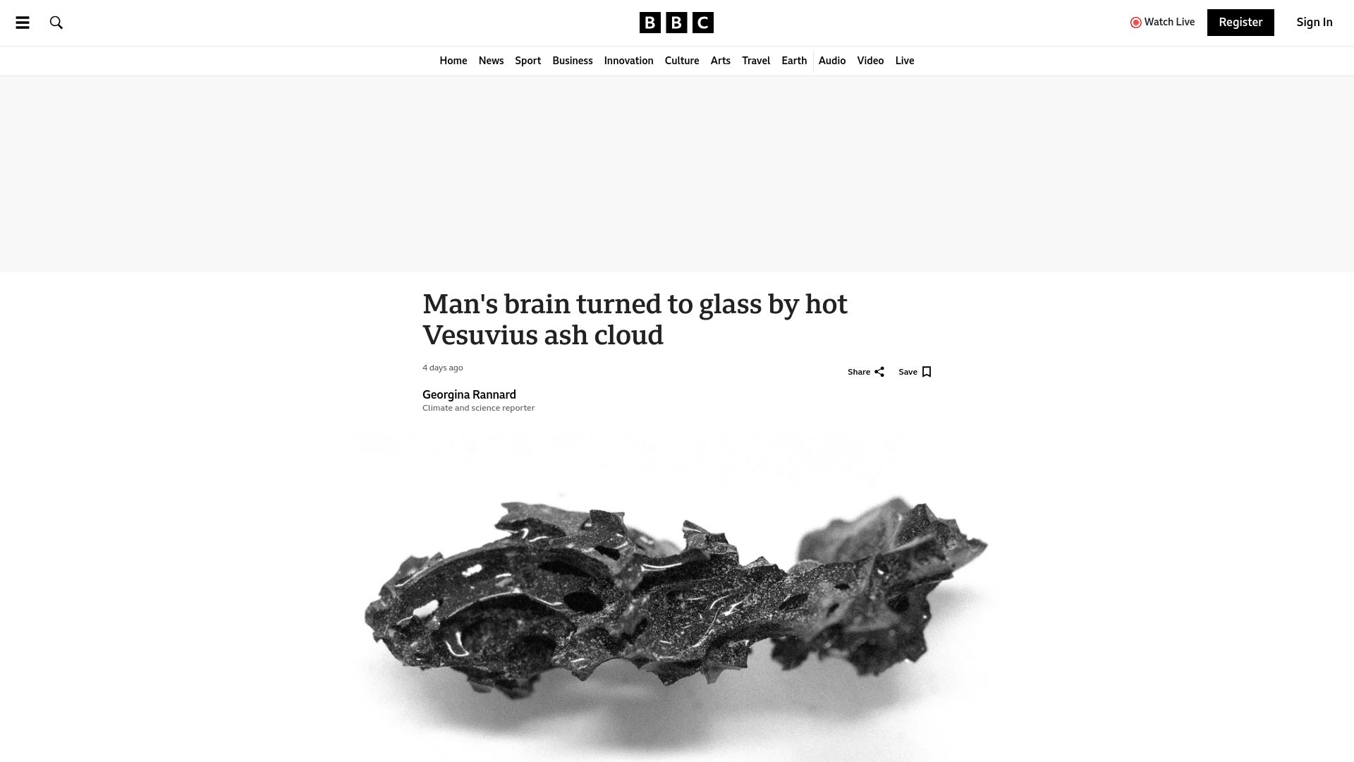 Screenshot of bbc.com: Man's brain turned to glass by hot Vesuvius ash cloud