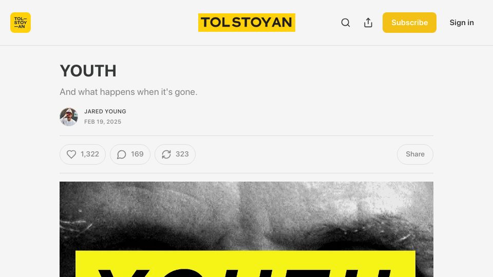 Screenshot of tolstoyan.substack.com: Youth and what happens when it's gone