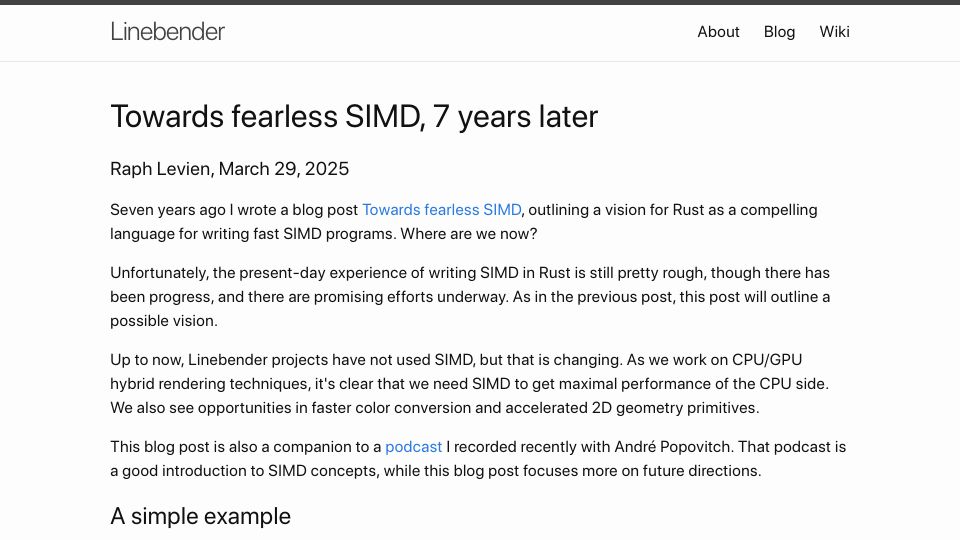 Screenshot of linebender.org: Towards fearless SIMD, 7 years later