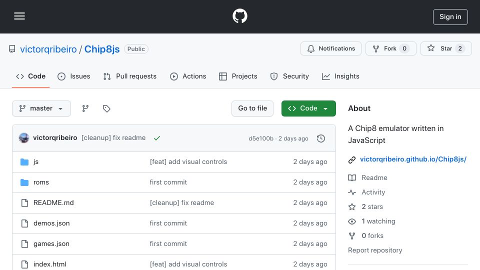 Screenshot of github.com: Show HN: Chip-8 emulator written in JavaScript