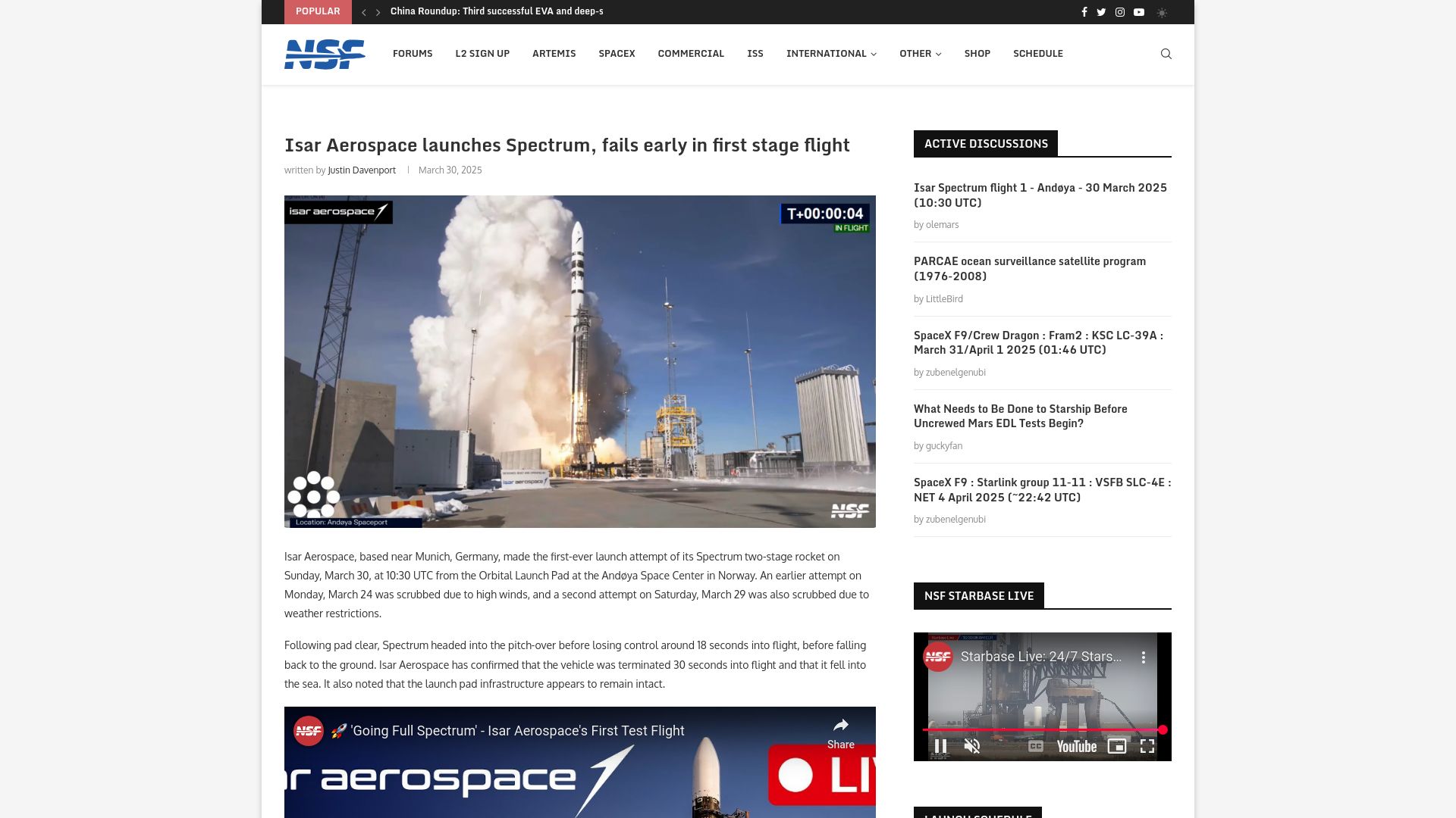 Screenshot of nasaspaceflight.com: Isar Aerospace launches Spectrum, fails early in first stage flight