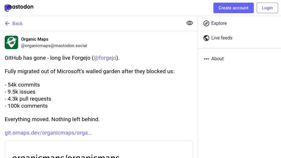 Screenshot of mastodon.social: Organic Maps migrates to Forgejo due to GitHub account blocked by Microsoft