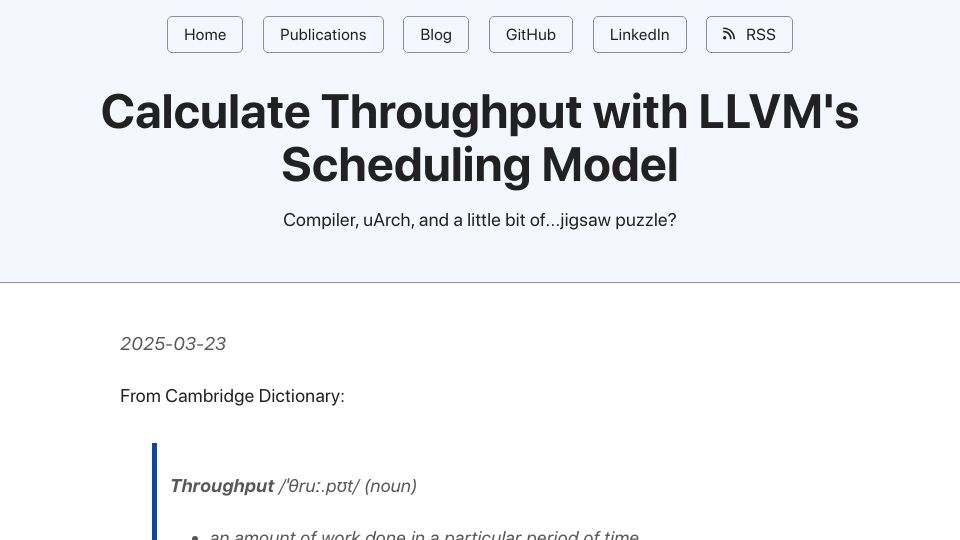 Screenshot of myhsu.xyz: Calculate Throughput with LLVM's Scheduling Model