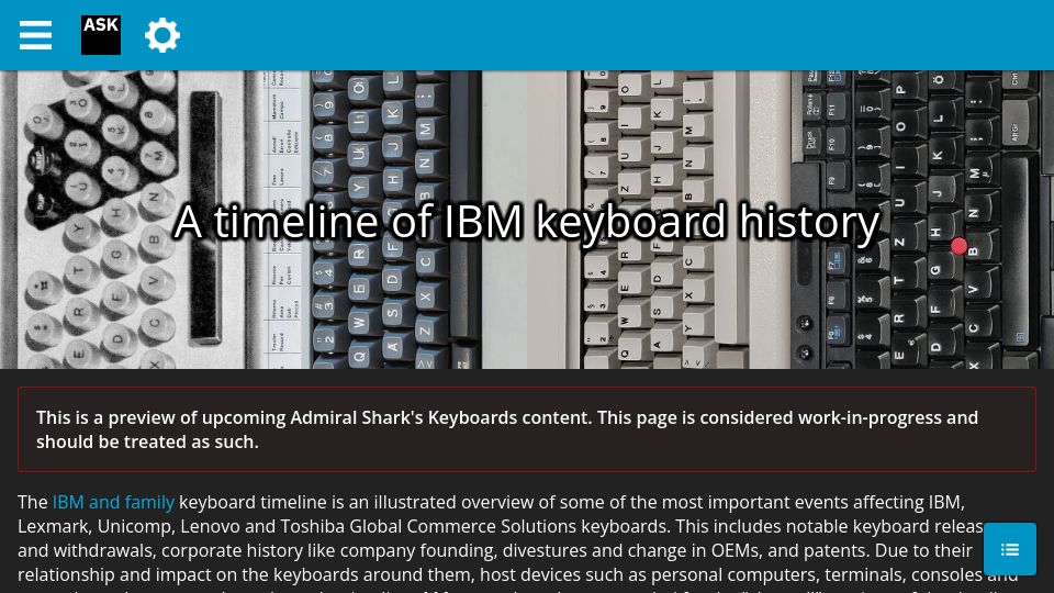Screenshot of sharktastica.co.uk: A timeline of IBM keyboard history