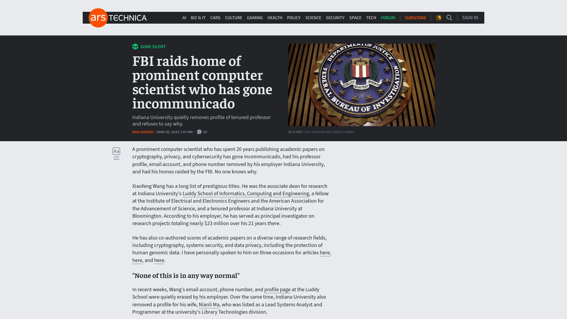 Screenshot of arstechnica.com: FBI raids home of prominent computer scientist who has gone incommunicado