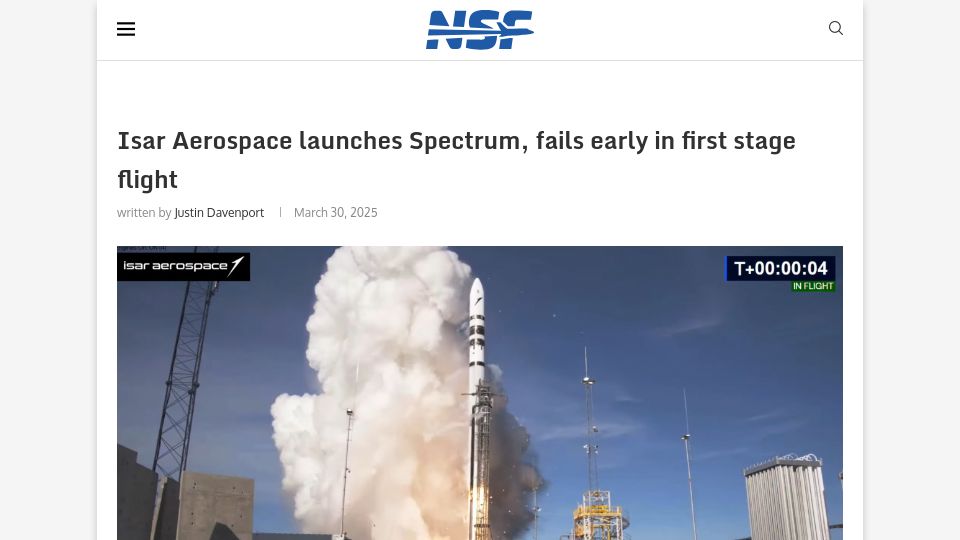 Screenshot of nasaspaceflight.com: Isar Aerospace launches Spectrum, fails early in first stage flight
