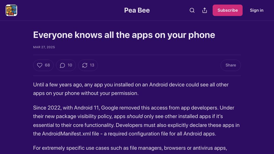 Screenshot of peabee.substack.com: Everyone knows all the apps on your phone