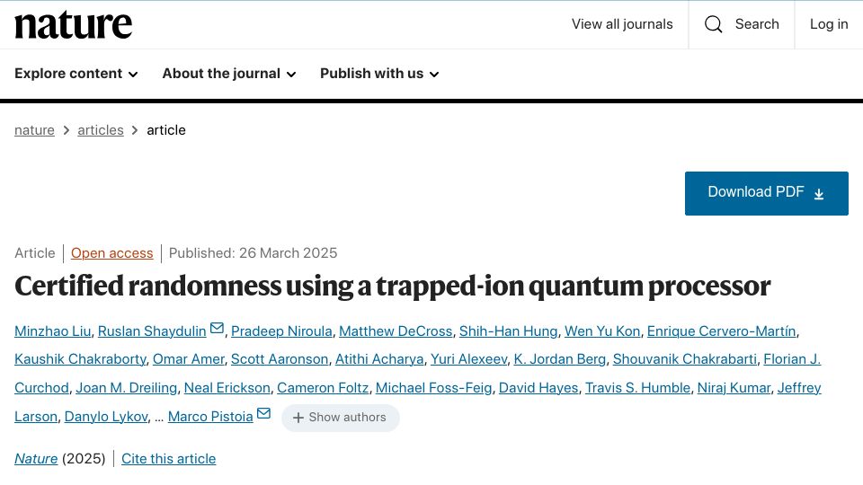 Screenshot of nature.com: Certified randomness using a trapped-ion quantum processor