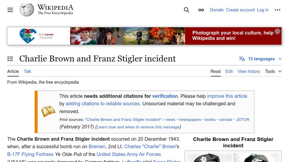 Screenshot of en.wikipedia.org: Charlie Brown and Franz Stigler incident (1943)