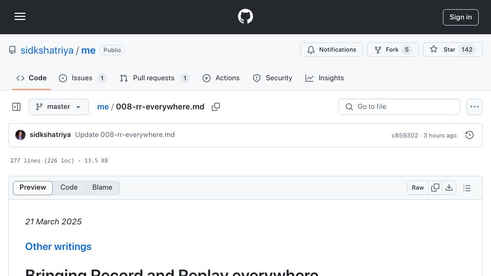 Screenshot of github.com: Bringing Record and Replay debugging everywhere on Linux