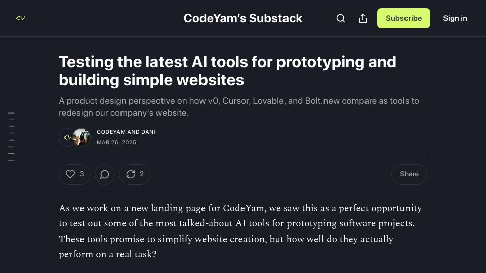 Screenshot of blog.codeyam.com: Testing the latest AI tools for prototyping and building simple websites