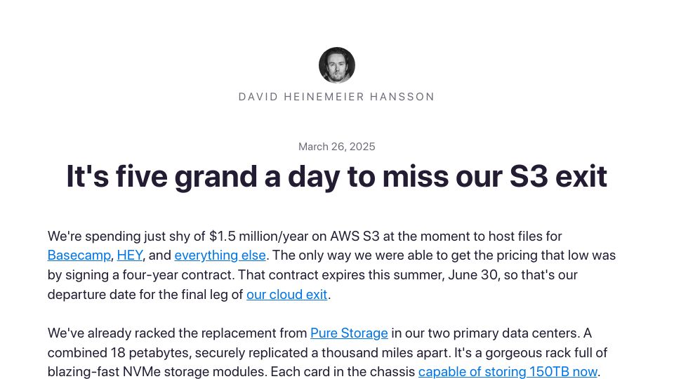 Screenshot of world.hey.com: It's five grand a day to miss our S3 exit