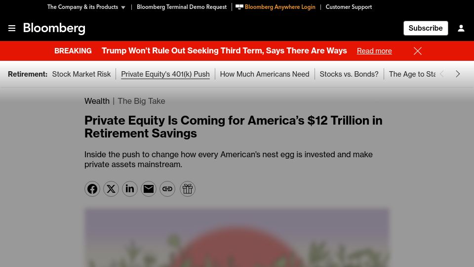 Screenshot of bloomberg.com: Private Equity Is Coming for America's $12T in Retirement Savings