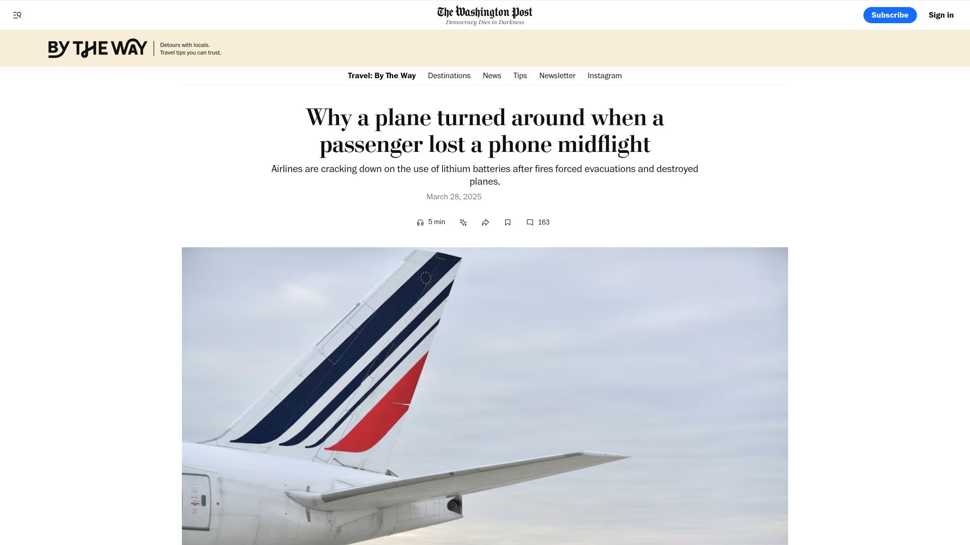Screenshot of washingtonpost.com: Why a plane turned around when a passenger lost a phone midflight