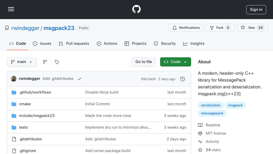 Screenshot of github.com: Msgpack23 – A modern, header-only C++ library for MessagePack (de)serialization