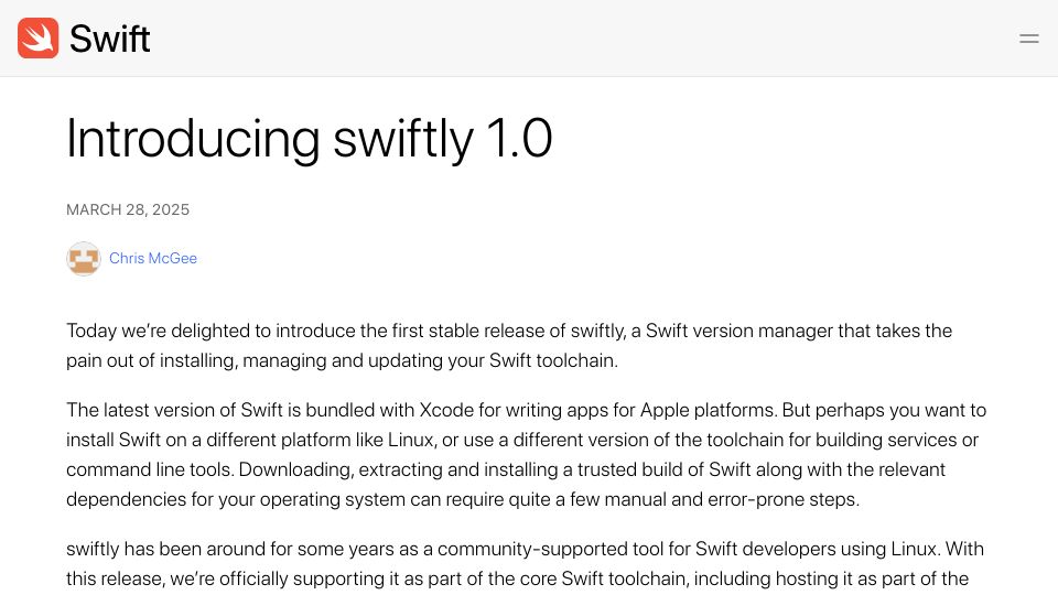 Screenshot of swift.org: Swiftly 1.0