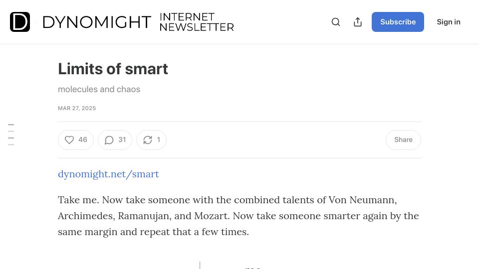 Screenshot of dynomight.substack.com: Limits of Smart: Molecules and Chaos