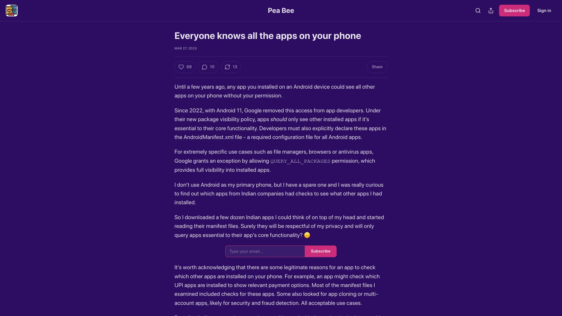 Screenshot of peabee.substack.com: Everyone knows all the apps on your phone