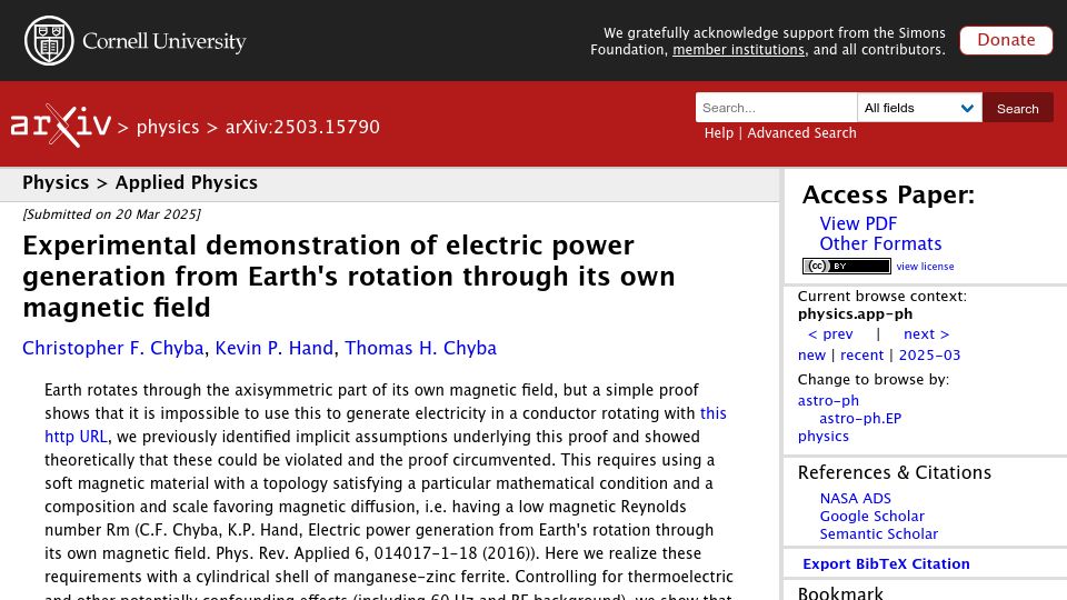 Screenshot of arxiv.org: Electric power generation from Earth's rotation through its own magnetic field