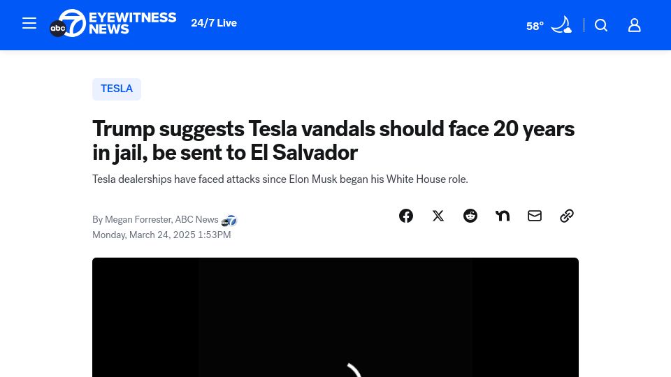 Screenshot of abc7.com: Tesla vandals could face 20 years in Salvadorian prison