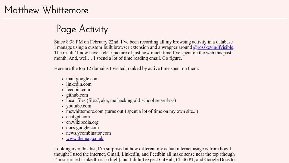 Screenshot of mcwhittemore.com: Some Reflections After a Month of Tracking My Own Online Activity