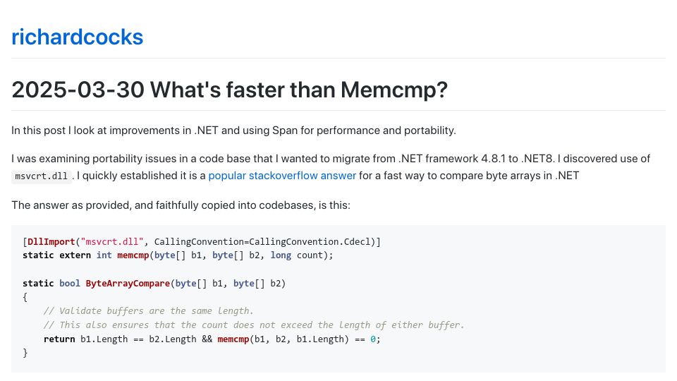 Screenshot of richardcocks.github.io: Span<T>.SequenceEquals is faster than memcmp