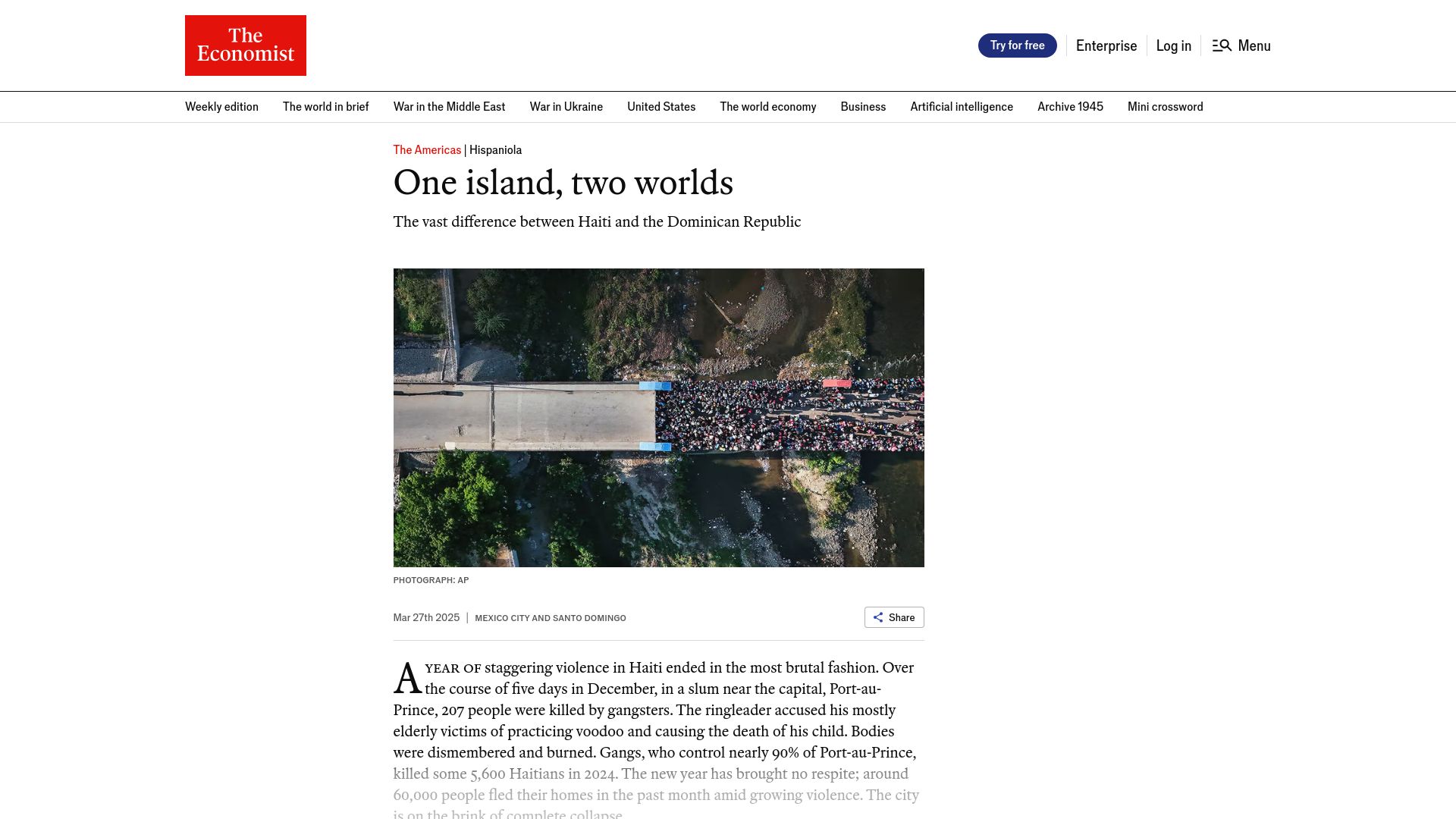 Screenshot of economist.com: One island, two worlds (Haiti vs. Dominican Republic)