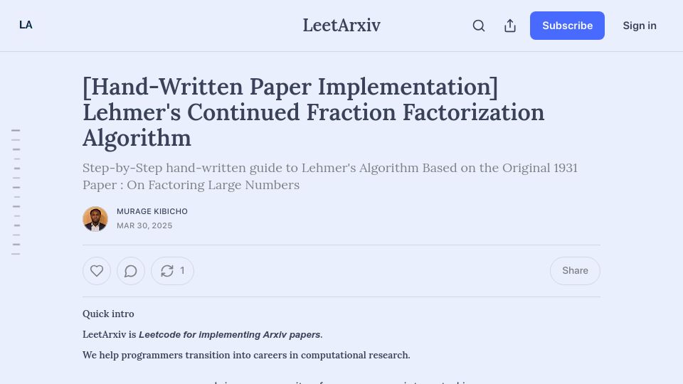 Screenshot of leetarxiv.substack.com: Lehmer's Continued Fraction Factorization Algorithm