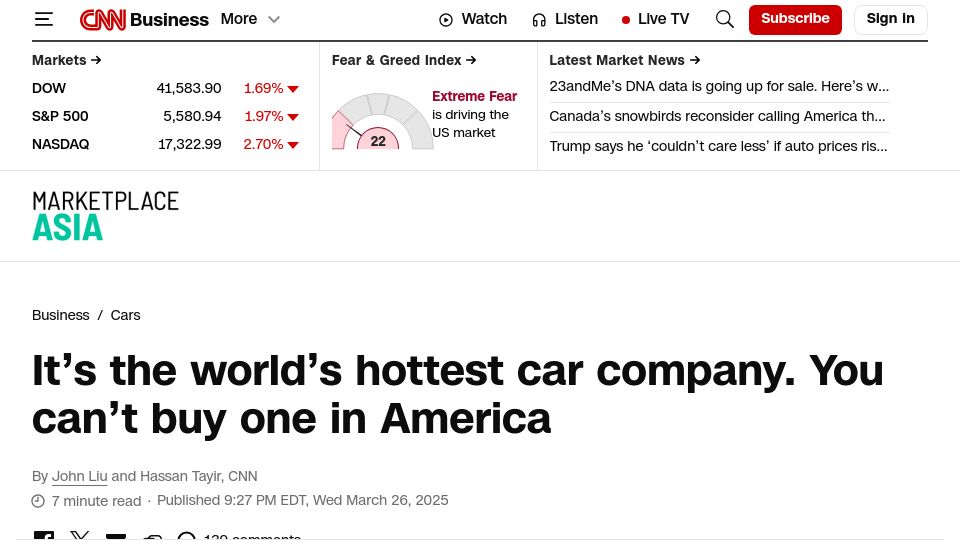 Screenshot of cnn.com: It's the hottest car company. You can't buy one in America