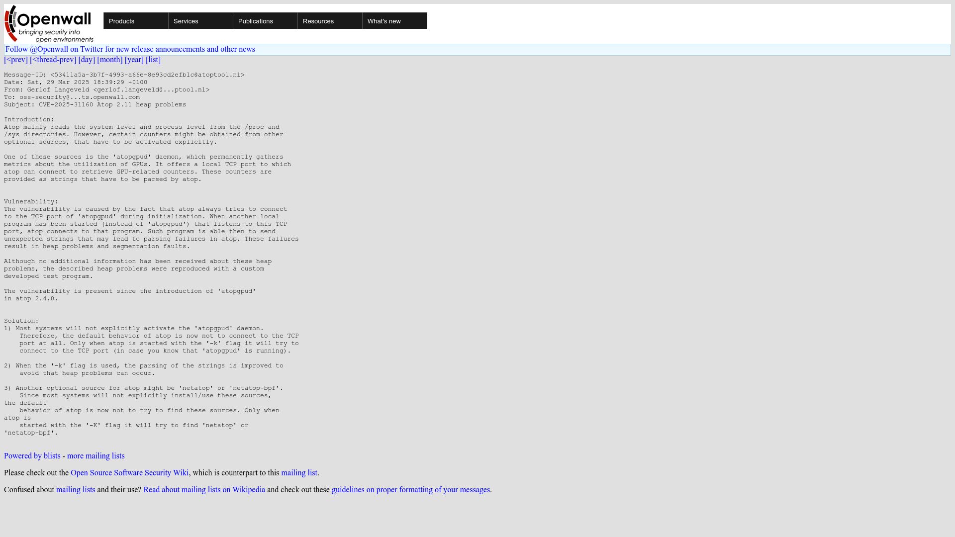 Screenshot of openwall.com: Atop 2.11 heap problems