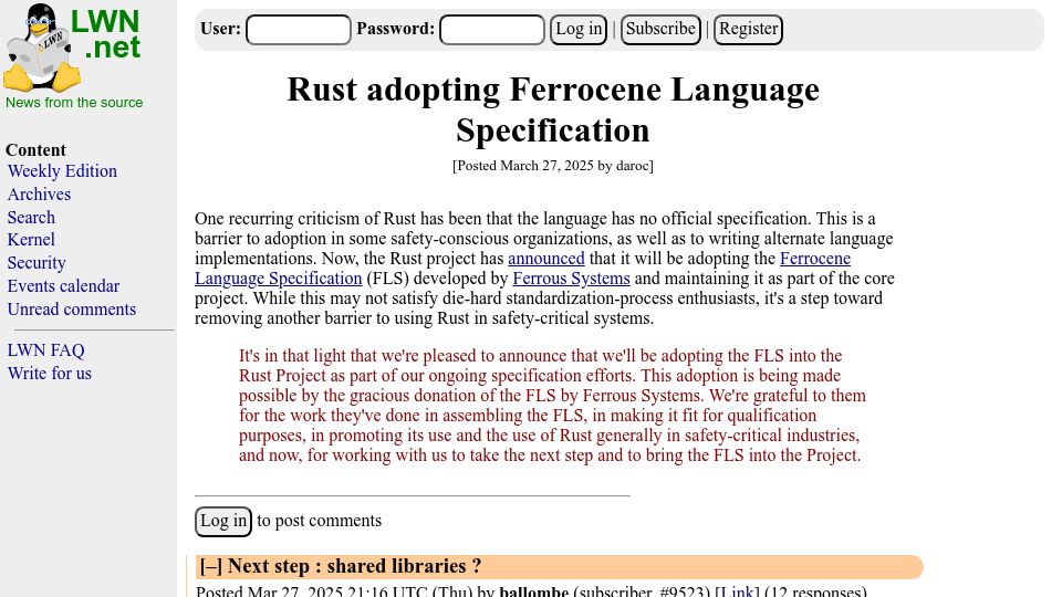 Screenshot of lwn.net: Rust Adopting Ferrocene Language Specification
