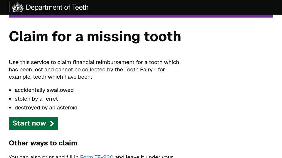 Screenshot of tf230.matteason.co.uk: Claim for a missing tooth