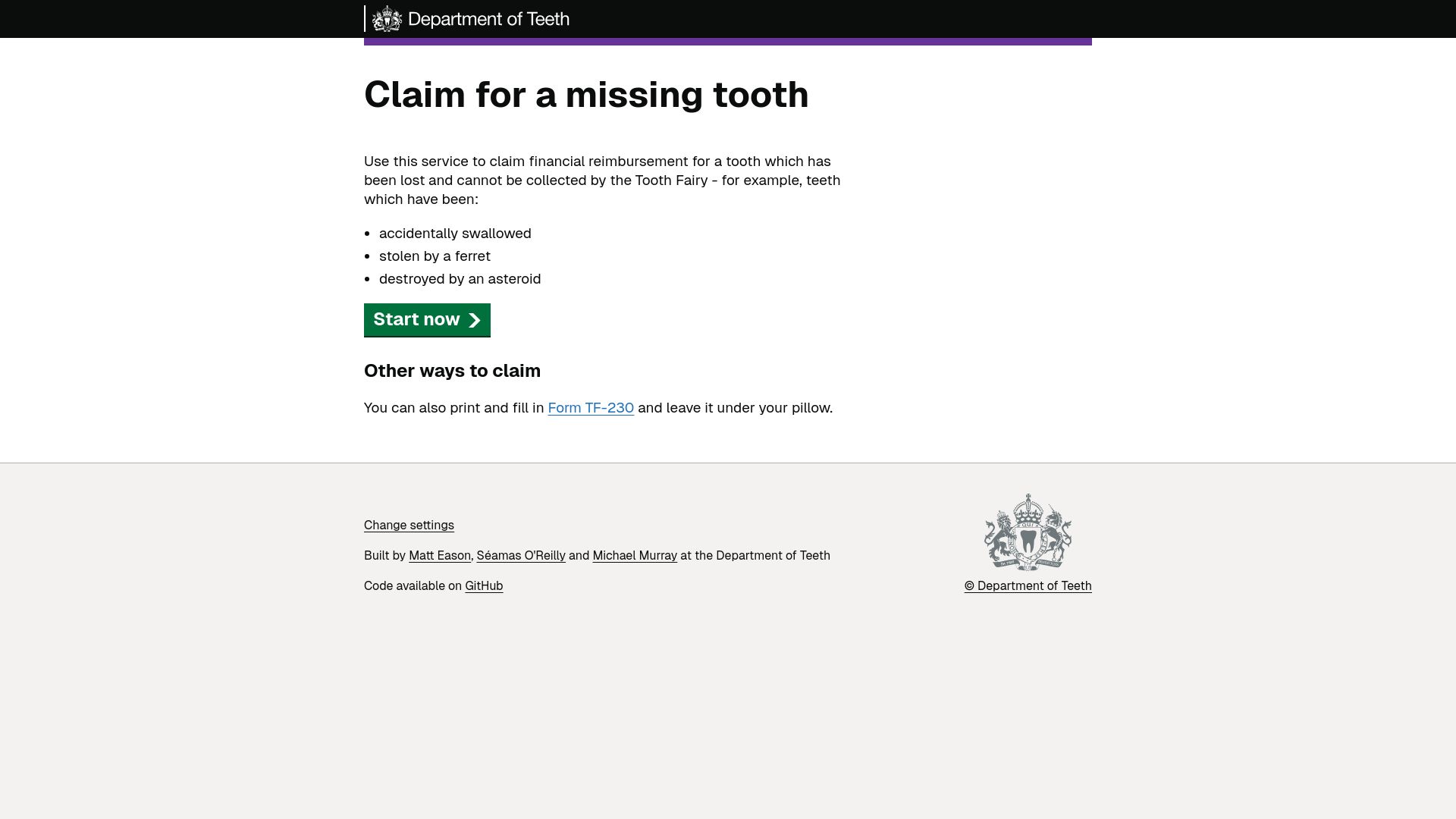 Screenshot of tf230.matteason.co.uk: Claim for a missing tooth
