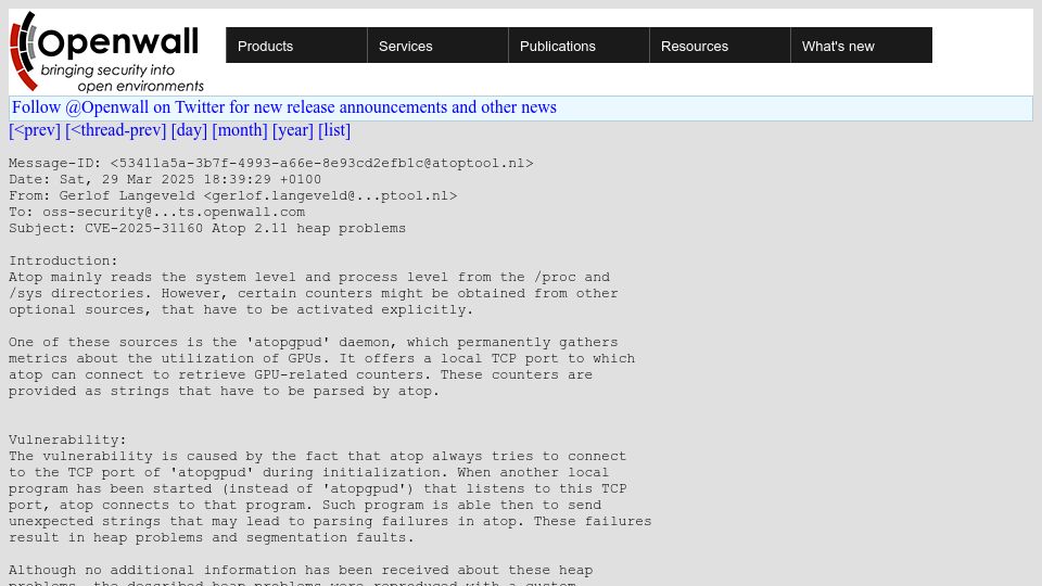 Screenshot of openwall.com: Atop 2.11 heap problems