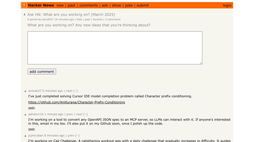 Screenshot of Hacker News post: Ask HN: What are you working on? (March 2025)