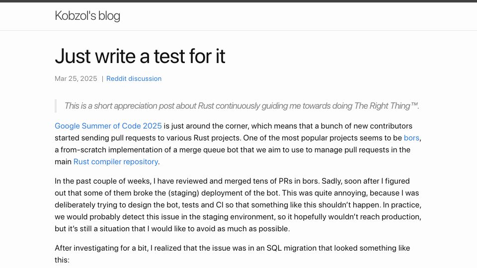 Screenshot of kobzol.github.io: Just Write a Test for It